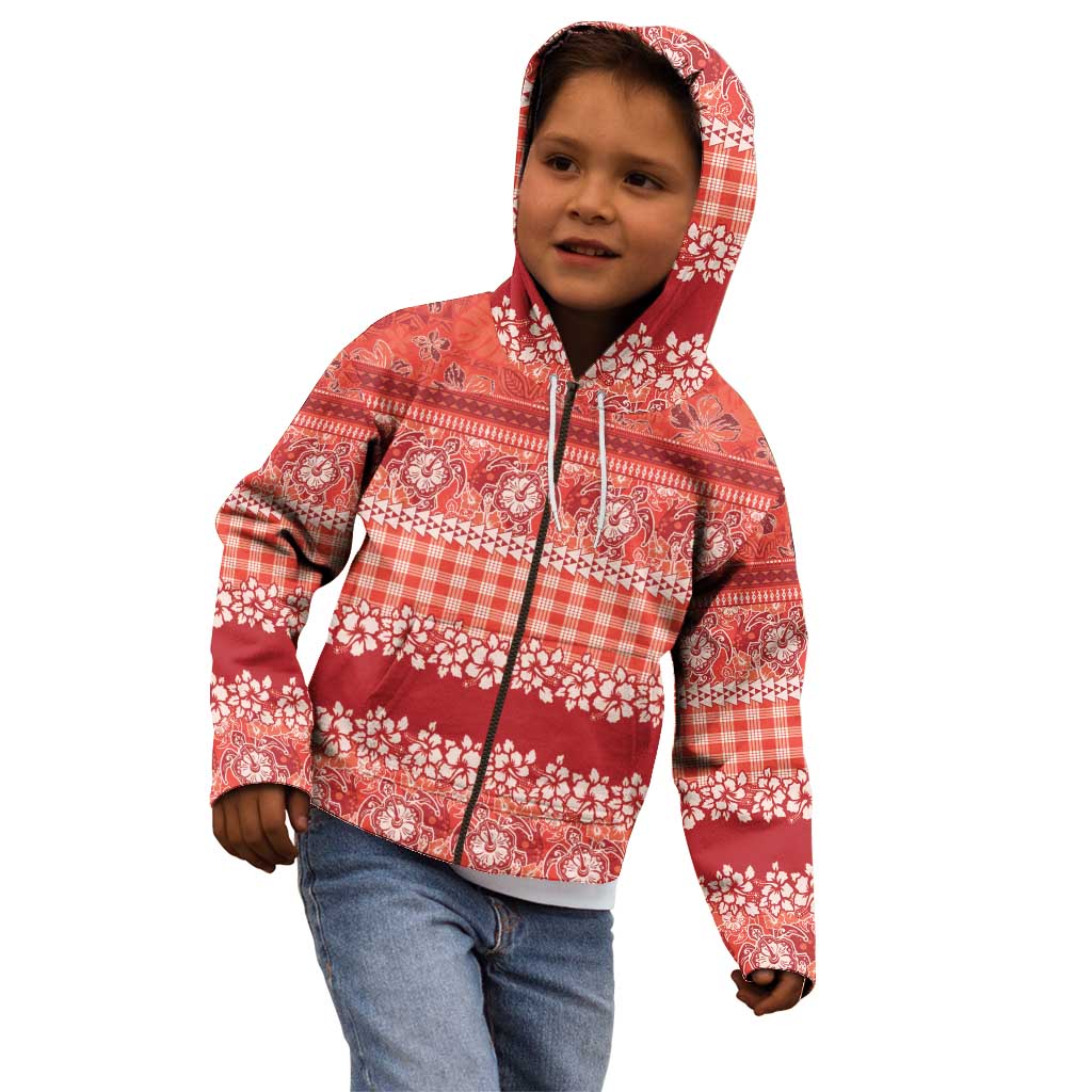 Hawaiian Hibiscus Honu Kid Hoodie Red Mele Kalikimaka Palaka Spirit - Polynesian Pride