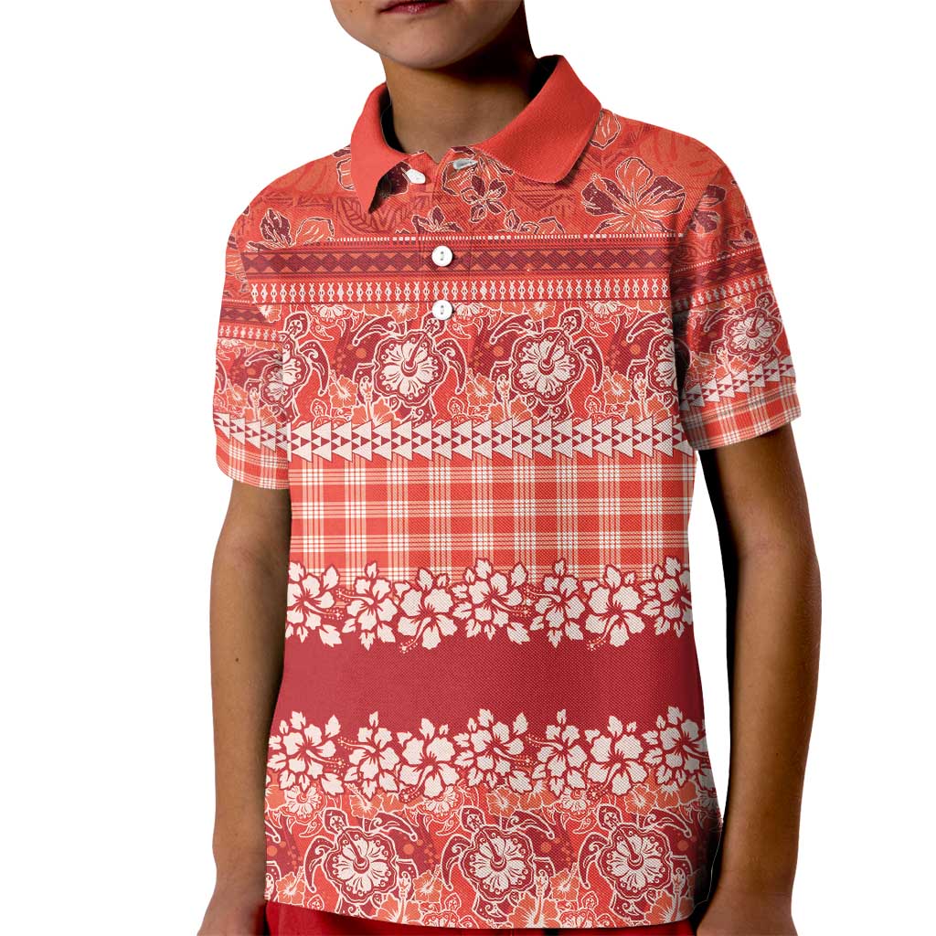 Hawaiian Hibiscus Honu Kid Polo Shirt Red Mele Kalikimaka Palaka Spirit - Polynesian Pride