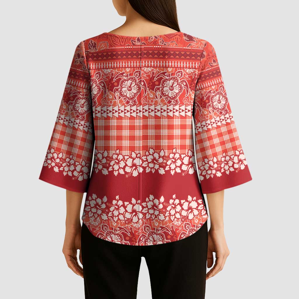 Hawaiian Hibiscus Honu Kimono Sleeve Blouse Red Mele Kalikimaka Palaka Spirit - Polynesian Pride