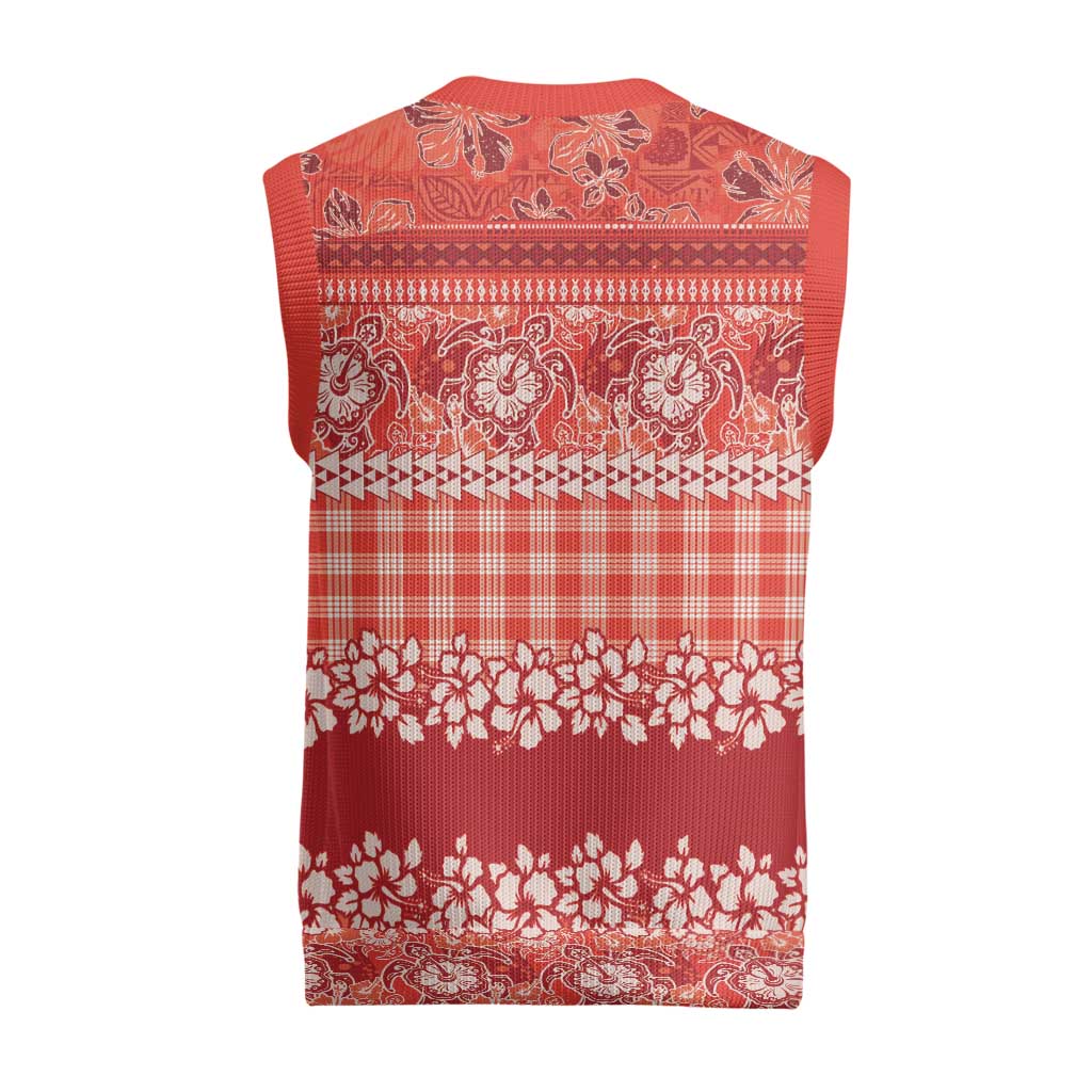 Hawaiian Hibiscus Honu Christmas Knitted V-Neck Vest Red Mele Kalikimaka Palaka Spirit - Polynesian Pride