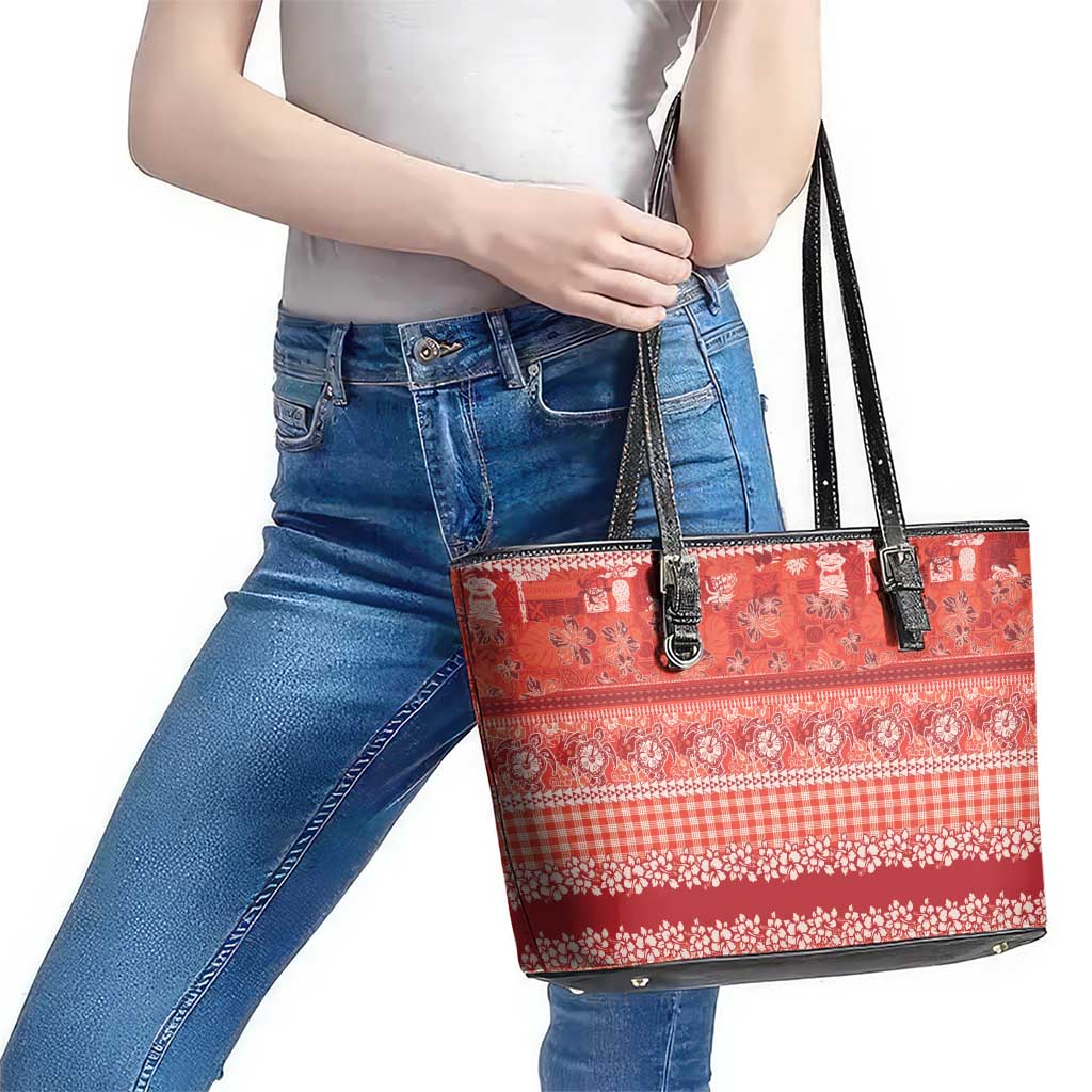 Hawaiian Hibiscus Honu Leather Tote Bag Red Mele Kalikimaka Palaka Spirit - Polynesian Pride