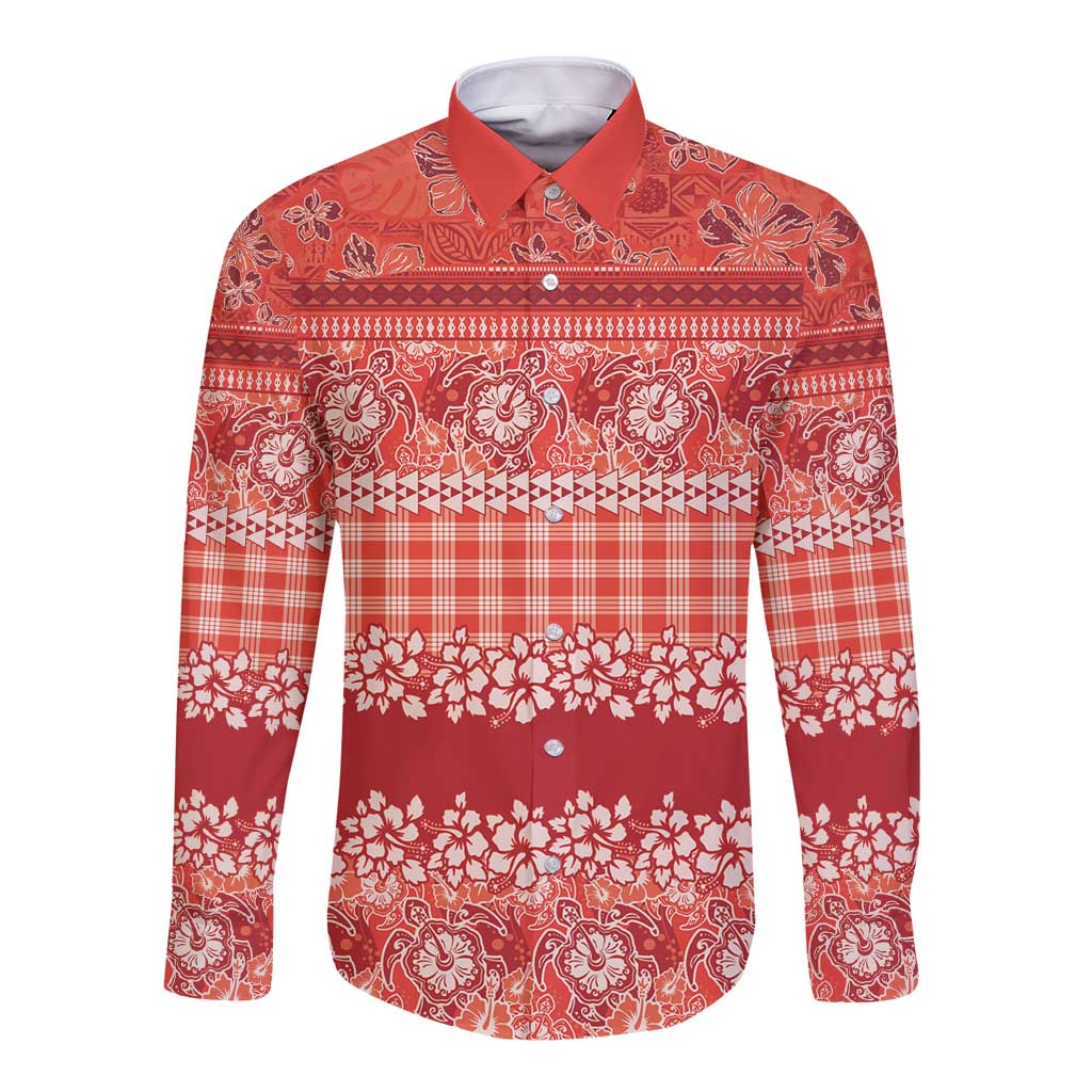 Hawaiian Hibiscus Honu Long Sleeve Button Shirt Red Mele Kalikimaka Palaka Spirit - Polynesian Pride