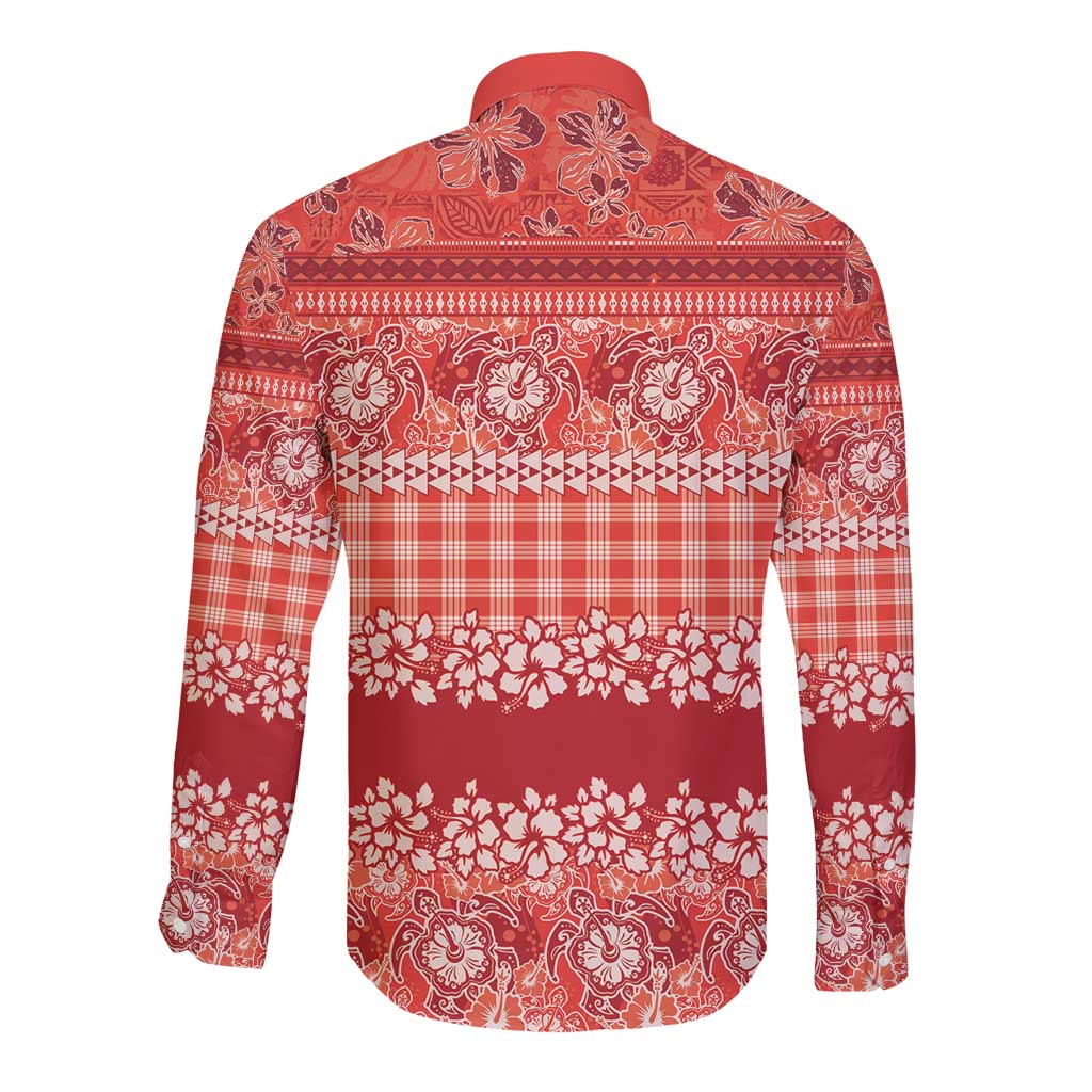 Hawaiian Hibiscus Honu Long Sleeve Button Shirt Red Mele Kalikimaka Palaka Spirit - Polynesian Pride