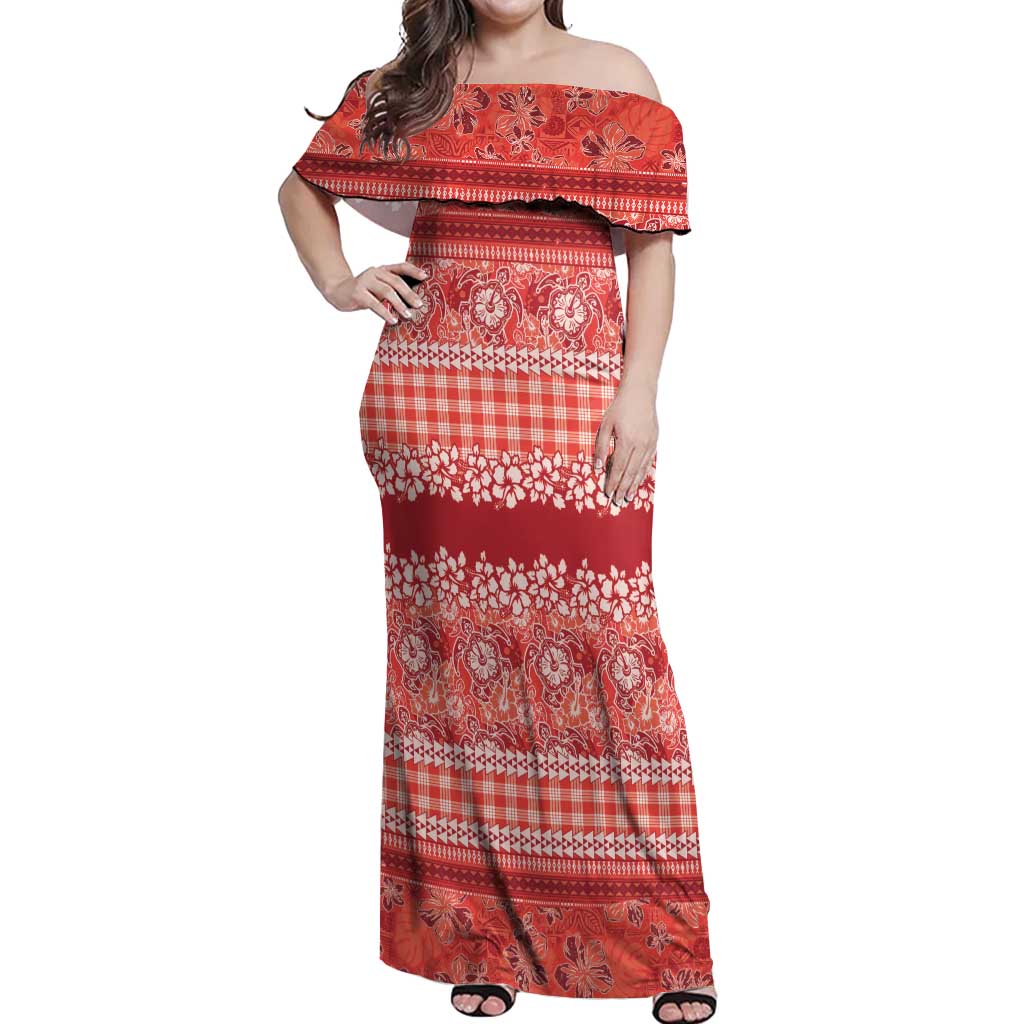 Hawaiian Hibiscus Honu Off Shoulder Maxi Dress Red Mele Kalikimaka Palaka Spirit - Polynesian Pride