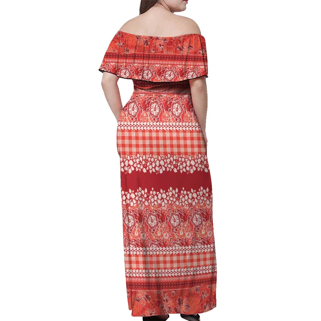 Hawaiian Hibiscus Honu Off Shoulder Maxi Dress Red Mele Kalikimaka Palaka Spirit - Polynesian Pride
