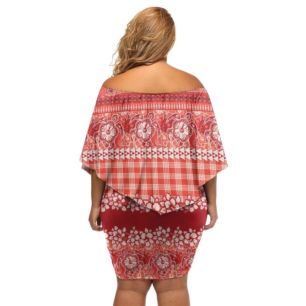 Hawaiian Hibiscus Honu Off Shoulder Short Dress Red Mele Kalikimaka Palaka Spirit - Polynesian Pride