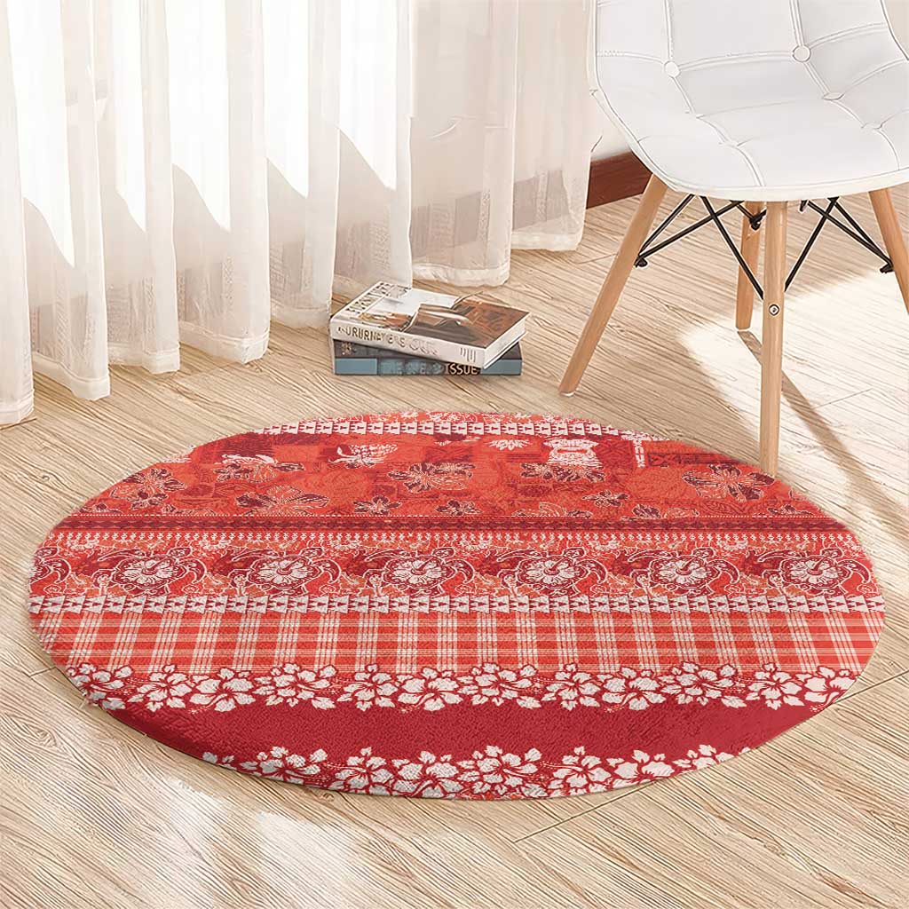 Hawaiian Hibiscus Honu Round Carpet Red Mele Kalikimaka Palaka Spirit - Polynesian Pride