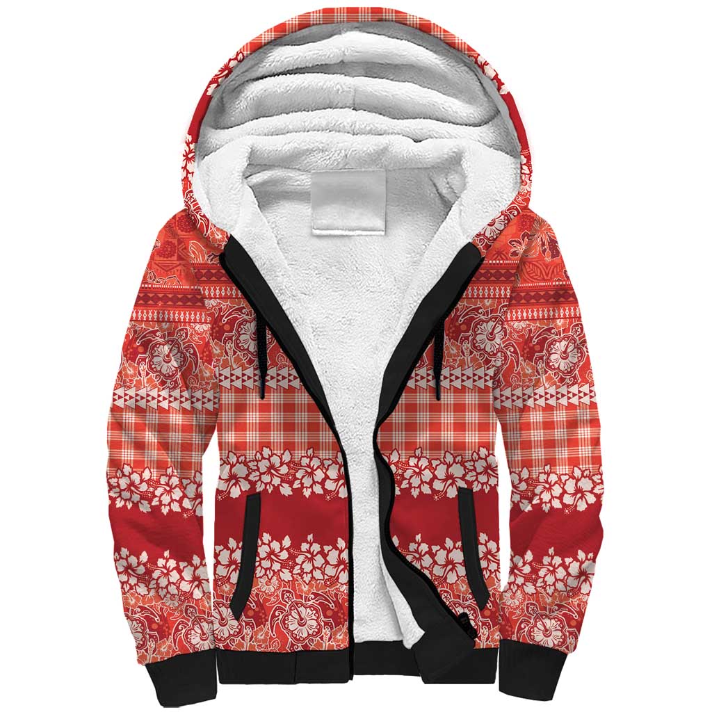 Hawaiian Hibiscus Honu Sherpa Hoodie Red Mele Kalikimaka Palaka Spirit - Polynesian Pride