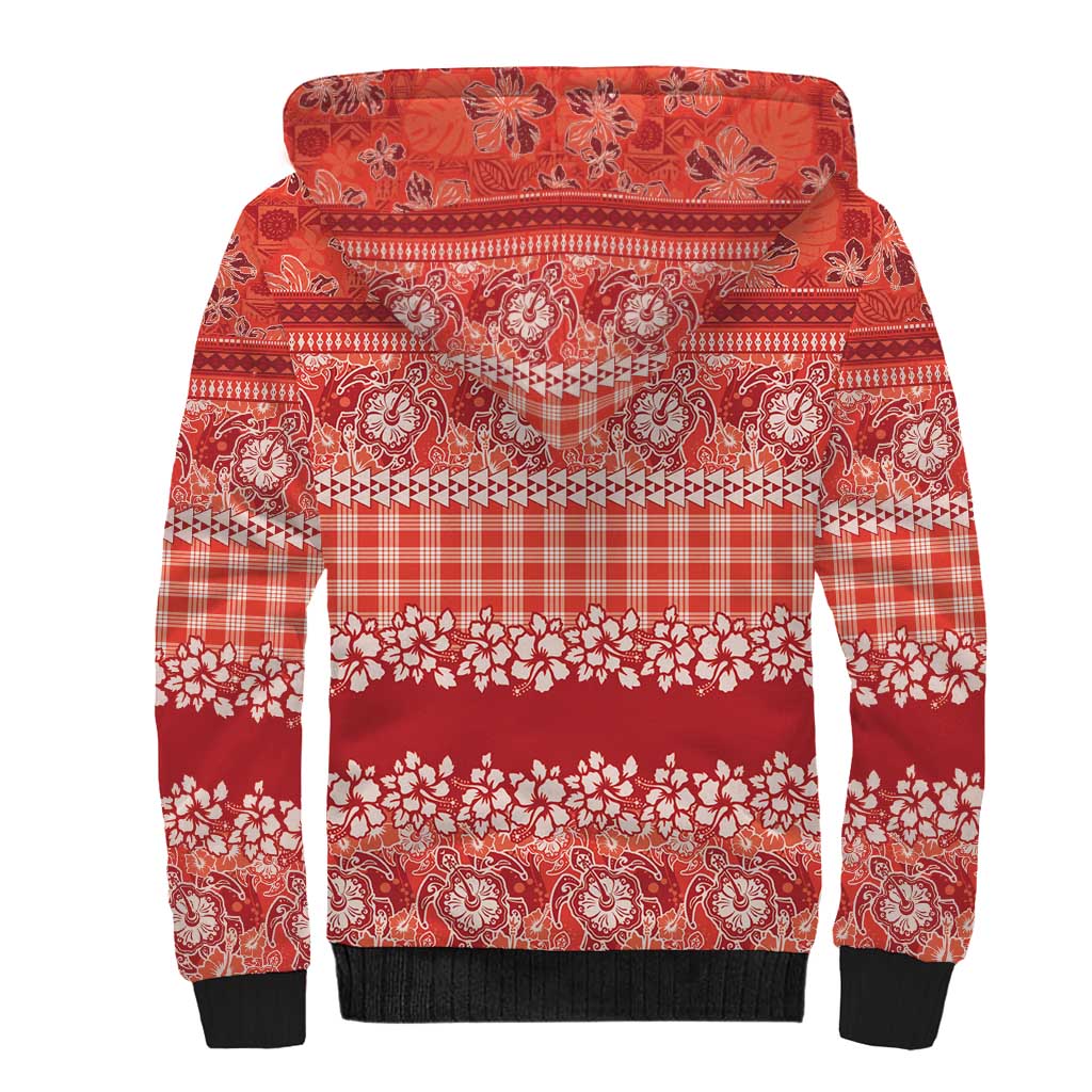 Hawaiian Hibiscus Honu Sherpa Hoodie Red Mele Kalikimaka Palaka Spirit - Polynesian Pride