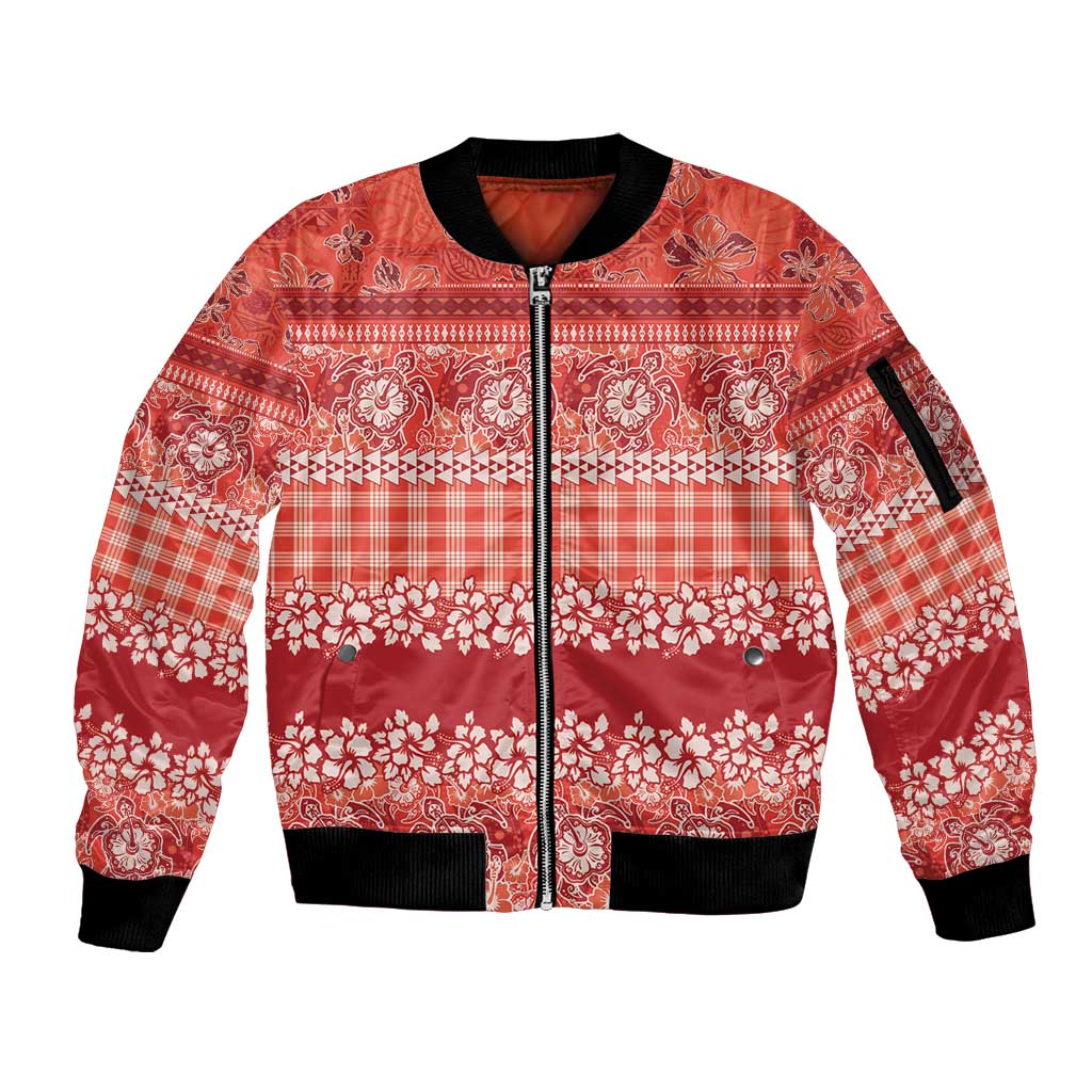 Hawaiian Hibiscus Honu Sleeve Zip Bomber Jacket Red Mele Kalikimaka Palaka Spirit - Polynesian Pride