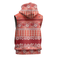 Hawaiian Hibiscus Honu Sleeveless Zip Hoodie Red Mele Kalikimaka Palaka Spirit - Polynesian Pride