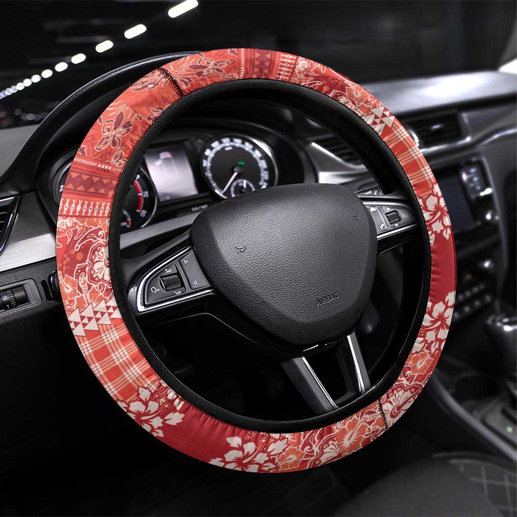 Hawaiian Hibiscus Honu Steering Wheel Cover Red Mele Kalikimaka Palaka Spirit - Polynesian Pride