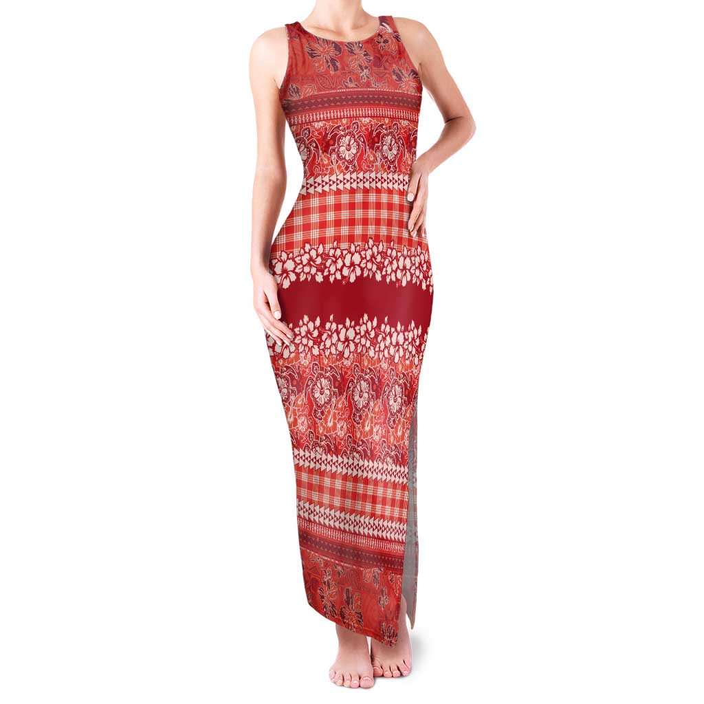 Hawaiian Hibiscus Honu Tank Maxi Dress Red Mele Kalikimaka Palaka Spirit - Polynesian Pride