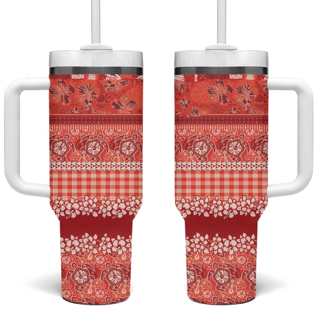 Hawaiian Hibiscus Honu Tumbler With Handle Red Mele Kalikimaka Palaka Spirit - Polynesian Pride