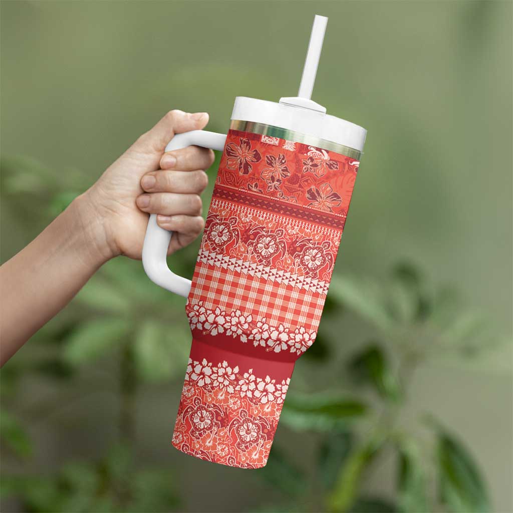 Hawaiian Hibiscus Honu Tumbler With Handle Red Mele Kalikimaka Palaka Spirit - Polynesian Pride
