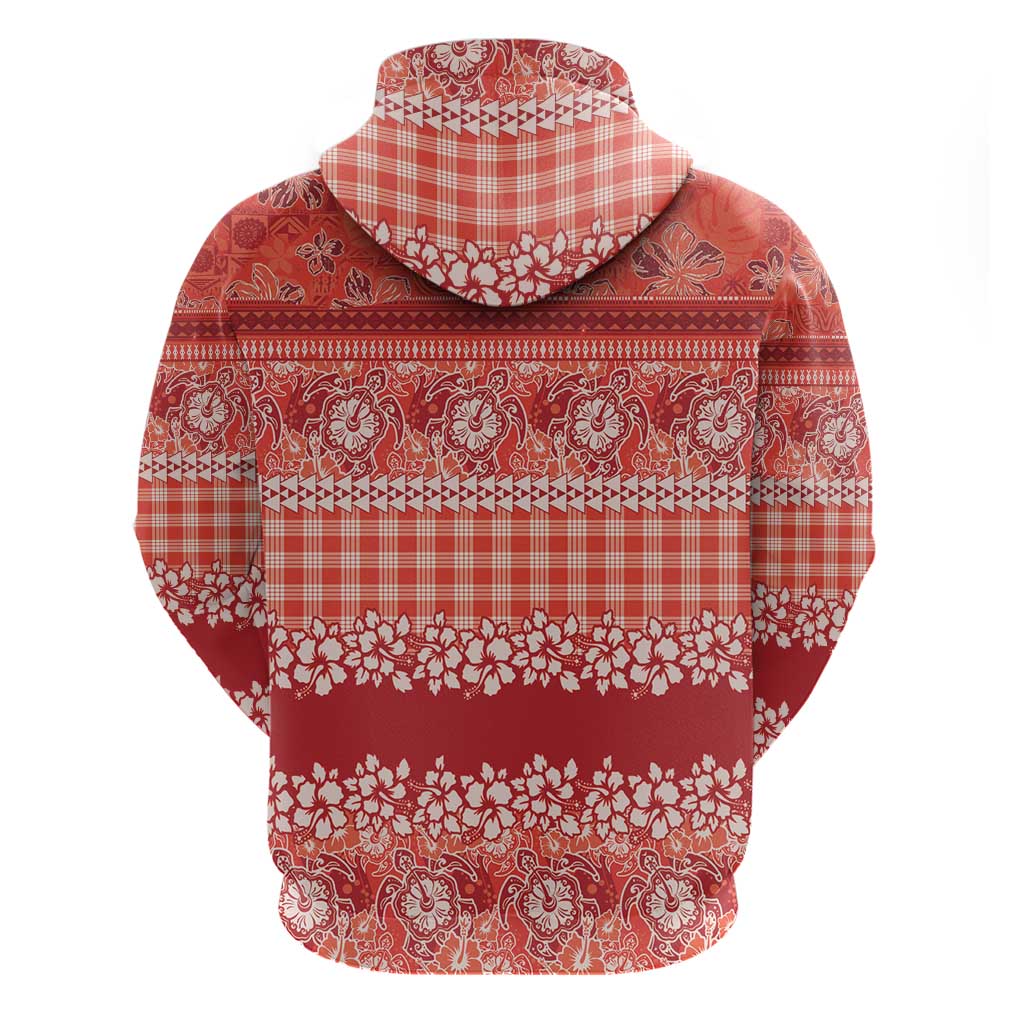 Hawaiian Hibiscus Honu Zip Hoodie Red Mele Kalikimaka Palaka Spirit - Polynesian Pride