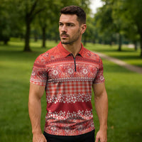 Hawaiian Hibiscus Honu Zipper Polo Shirt Red Mele Kalikimaka Palaka Spirit - Polynesian Pride