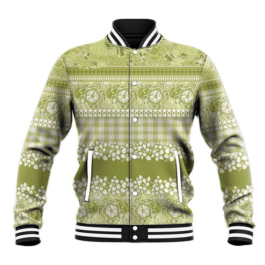 Hawaiian Hibiscus Honu Baseball Jacket Sage Green Mele Kalikimaka Palaka Spirit - Polynesian Pride