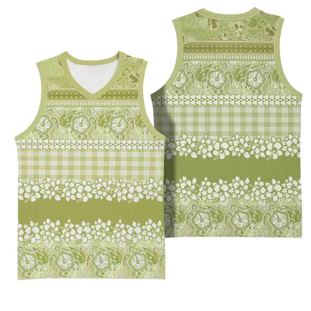 Hawaiian Hibiscus Honu Basketball Jersey Sage Green Mele Kalikimaka Palaka Spirit - Polynesian Pride