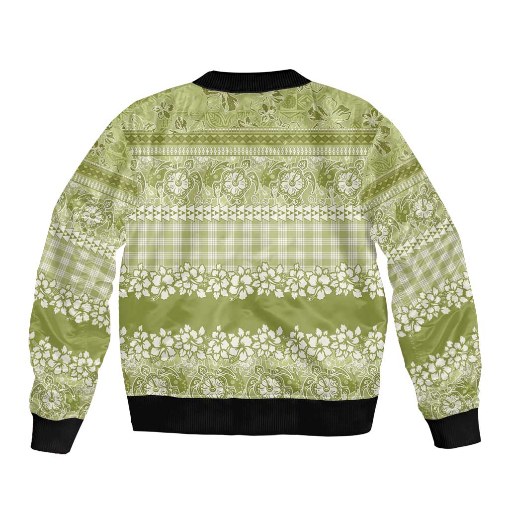 Hawaiian Hibiscus Honu Bomber Jacket Sage Green Mele Kalikimaka Palaka Spirit - Polynesian Pride