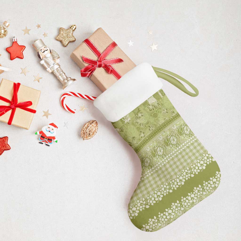 Hawaiian Hibiscus Honu Christmas Stocking Sage Green Mele Kalikimaka Palaka Spirit - Polynesian Pride