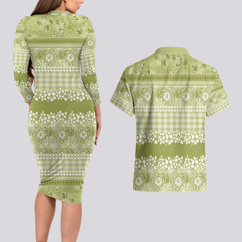 Hawaiian Hibiscus Honu Couples Matching Long Sleeve Bodycon Dress and Hawaiian Shirt Sage Green Mele Kalikimaka Palaka Spirit - Polynesian Pride