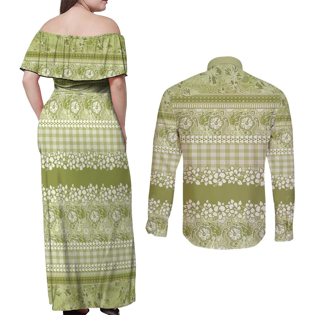 Hawaiian Hibiscus Honu Couples Matching Off Shoulder Maxi Dress and Long Sleeve Button Shirt Sage Green Mele Kalikimaka Palaka Spirit - Polynesian Pride
