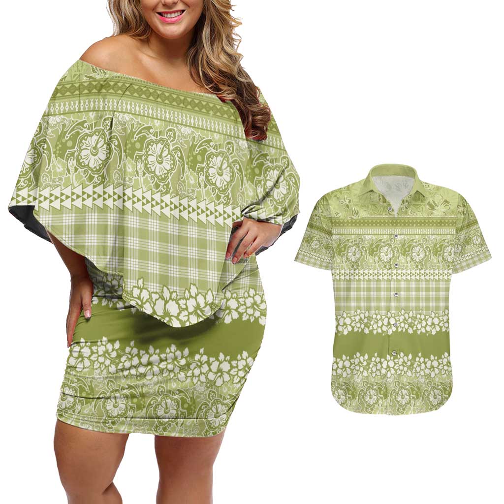 Hawaiian Hibiscus Honu Couples Matching Off Shoulder Short Dress and Hawaiian Shirt Sage Green Mele Kalikimaka Palaka Spirit - Polynesian Pride