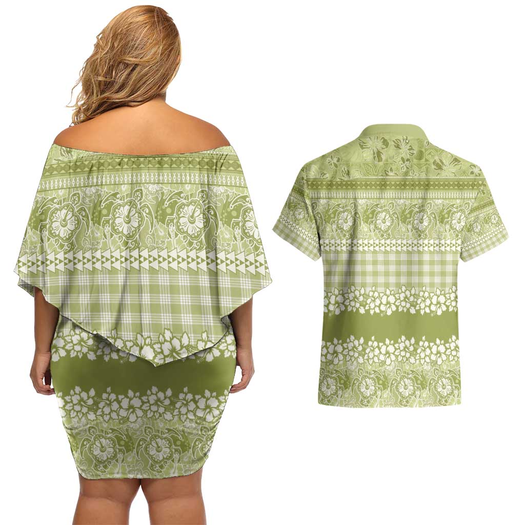 Hawaiian Hibiscus Honu Couples Matching Off Shoulder Short Dress and Hawaiian Shirt Sage Green Mele Kalikimaka Palaka Spirit - Polynesian Pride