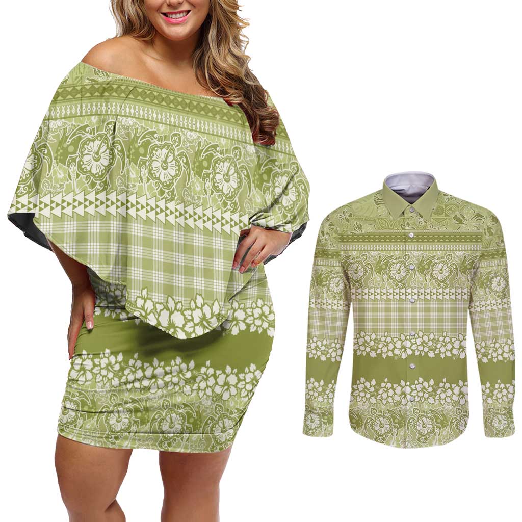 Hawaiian Hibiscus Honu Couples Matching Off Shoulder Short Dress and Long Sleeve Button Shirt Sage Green Mele Kalikimaka Palaka Spirit - Polynesian Pride