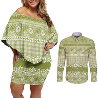 Hawaiian Hibiscus Honu Couples Matching Off Shoulder Short Dress and Long Sleeve Button Shirt Sage Green Mele Kalikimaka Palaka Spirit - Polynesian Pride