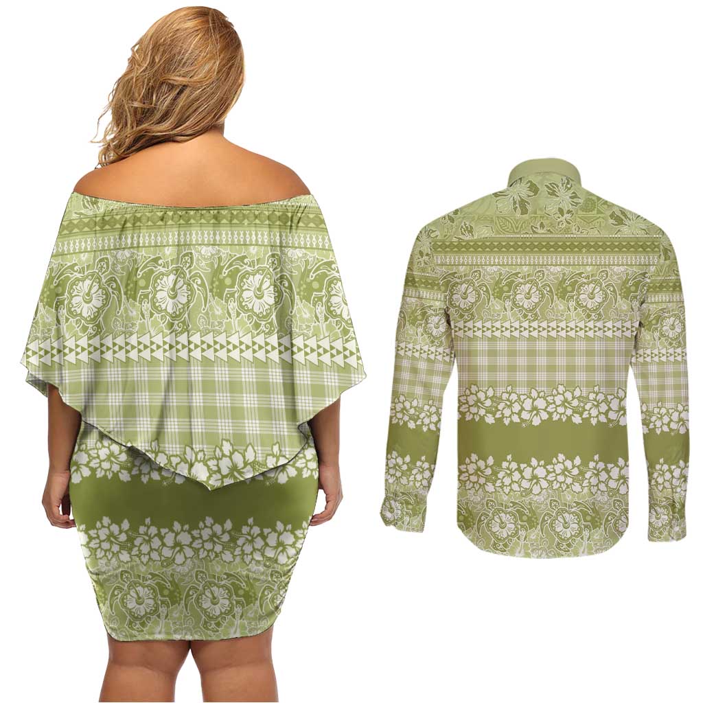Hawaiian Hibiscus Honu Couples Matching Off Shoulder Short Dress and Long Sleeve Button Shirt Sage Green Mele Kalikimaka Palaka Spirit - Polynesian Pride