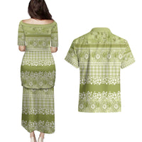 Hawaiian Hibiscus Honu Couples Matching Puletasi and Hawaiian Shirt Sage Green Mele Kalikimaka Palaka Spirit - Polynesian Pride