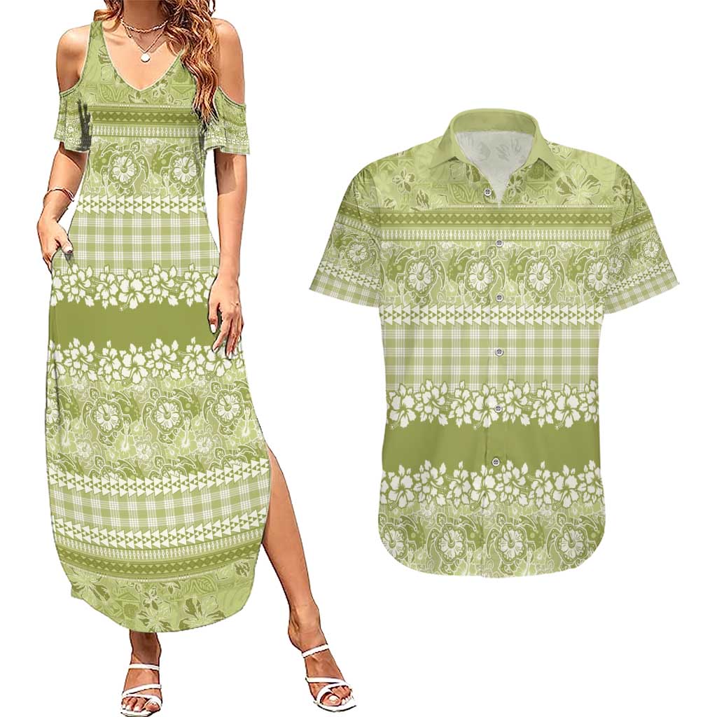 Hawaiian Hibiscus Honu Couples Matching Summer Maxi Dress and Hawaiian Shirt Sage Green Mele Kalikimaka Palaka Spirit - Polynesian Pride