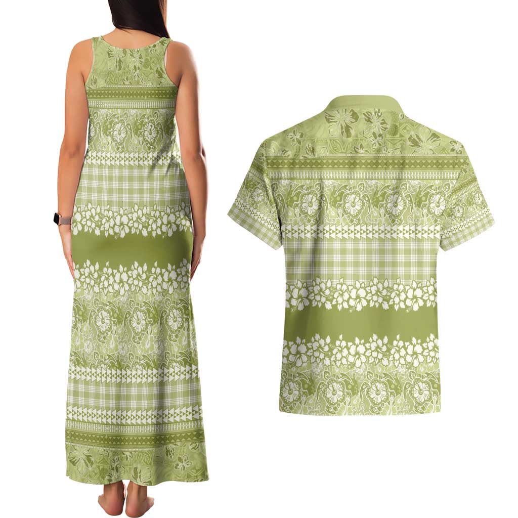 Hawaiian Hibiscus Honu Couples Matching Tank Maxi Dress and Hawaiian Shirt Sage Green Mele Kalikimaka Palaka Spirit - Polynesian Pride