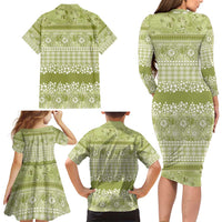 Hawaiian Hibiscus Honu Family Matching Long Sleeve Bodycon Dress and Hawaiian Shirt Sage Green Mele Kalikimaka Palaka Spirit - Polynesian Pride