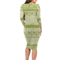 Hawaiian Hibiscus Honu Family Matching Long Sleeve Bodycon Dress and Hawaiian Shirt Sage Green Mele Kalikimaka Palaka Spirit - Polynesian Pride