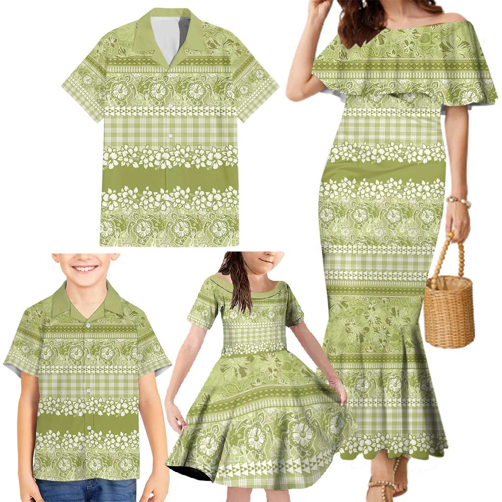 Hawaiian Hibiscus Honu Family Matching Mermaid Dress and Hawaiian Shirt Sage Green Mele Kalikimaka Palaka Spirit - Polynesian Pride