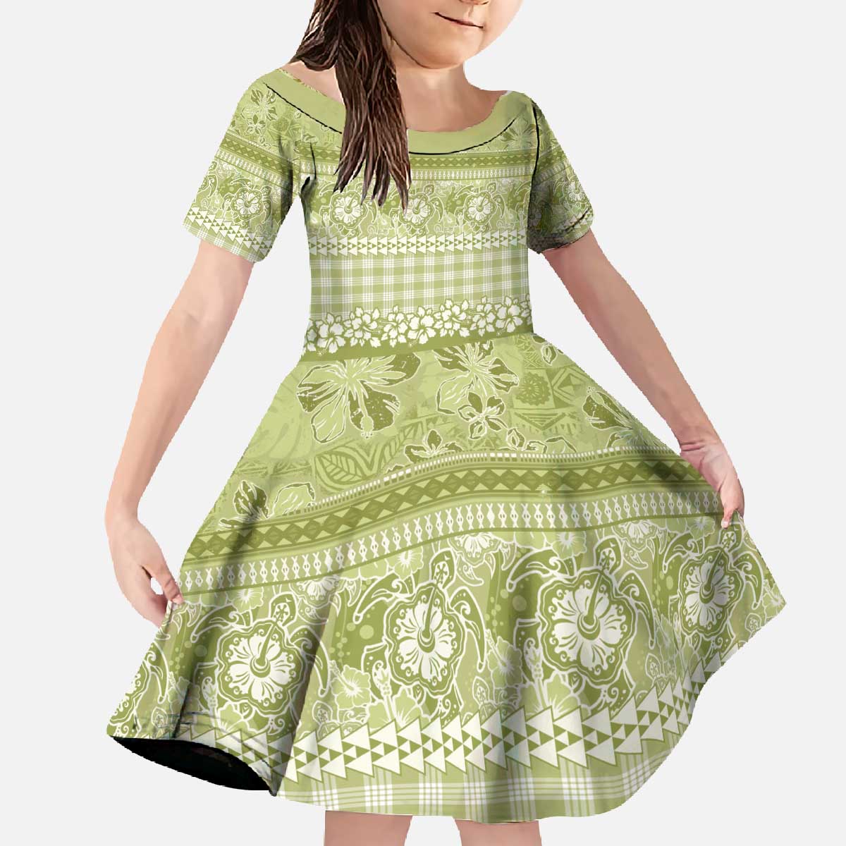 Hawaiian Hibiscus Honu Family Matching Off The Shoulder Long Sleeve Dress and Hawaiian Shirt Sage Green Mele Kalikimaka Palaka Spirit - Polynesian Pride