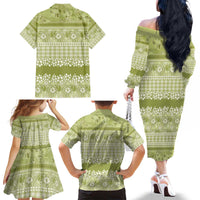 Hawaiian Hibiscus Honu Family Matching Off The Shoulder Long Sleeve Dress and Hawaiian Shirt Sage Green Mele Kalikimaka Palaka Spirit - Polynesian Pride