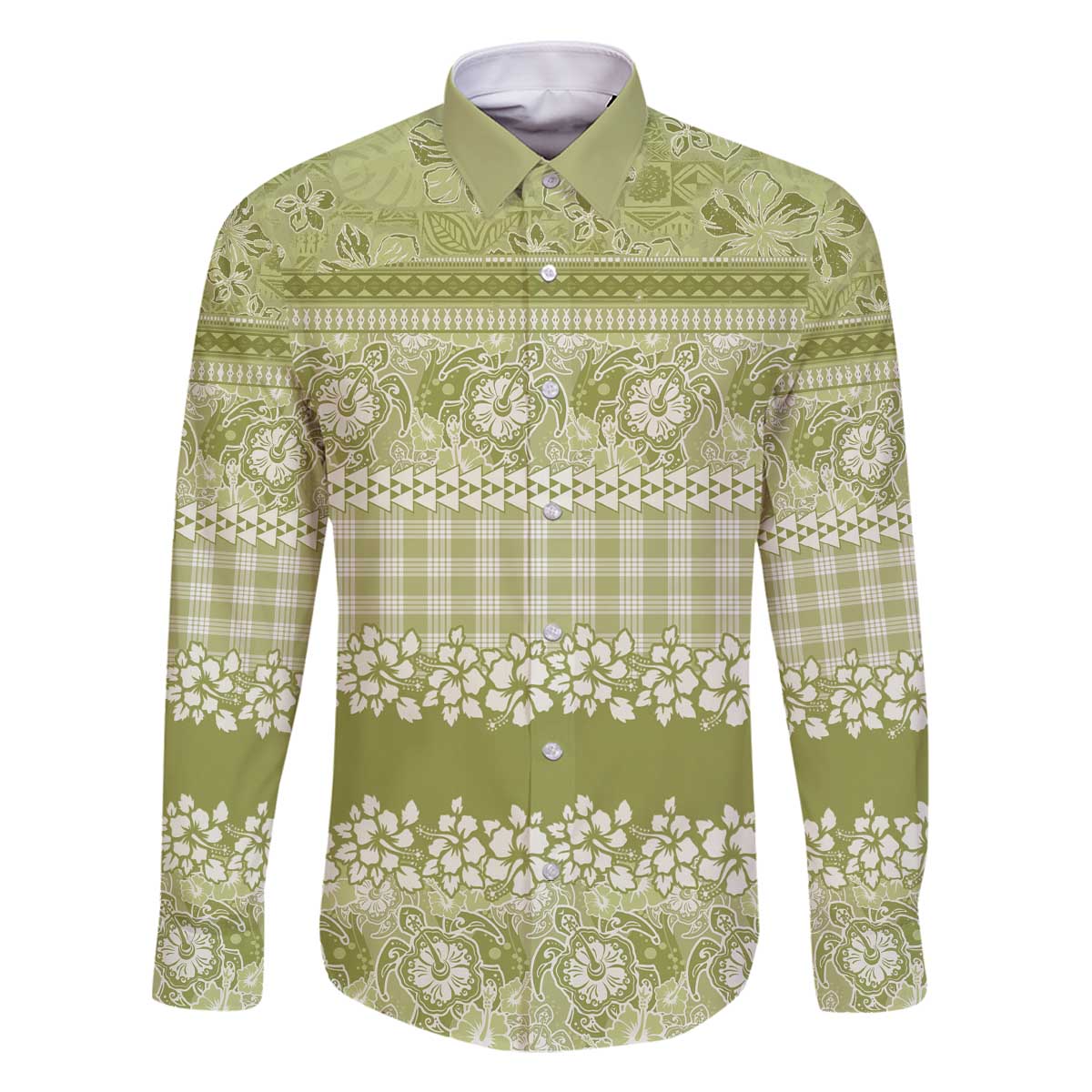 Hawaiian Hibiscus Honu Family Matching Off The Shoulder Long Sleeve Dress and Hawaiian Shirt Sage Green Mele Kalikimaka Palaka Spirit - Polynesian Pride