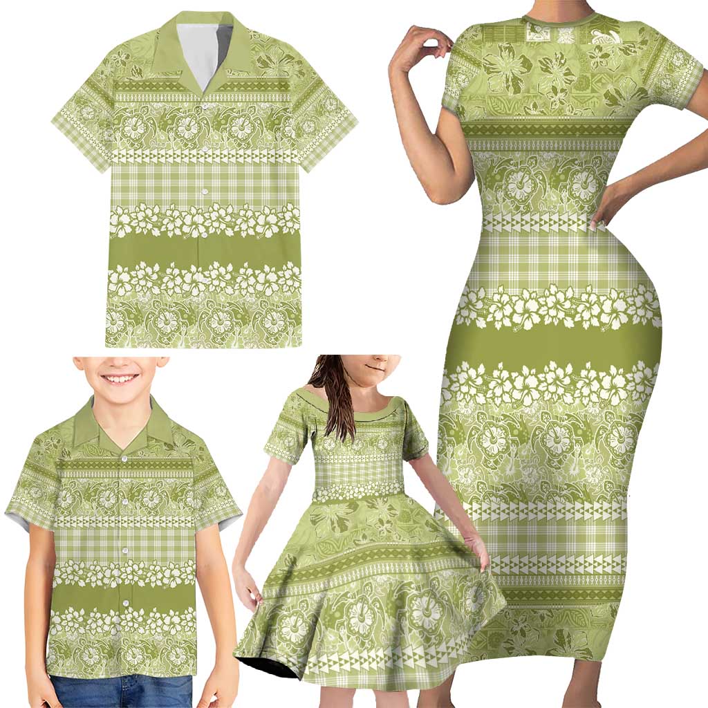 Hawaiian Hibiscus Honu Family Matching Short Sleeve Bodycon Dress and Hawaiian Shirt Sage Green Mele Kalikimaka Palaka Spirit - Polynesian Pride