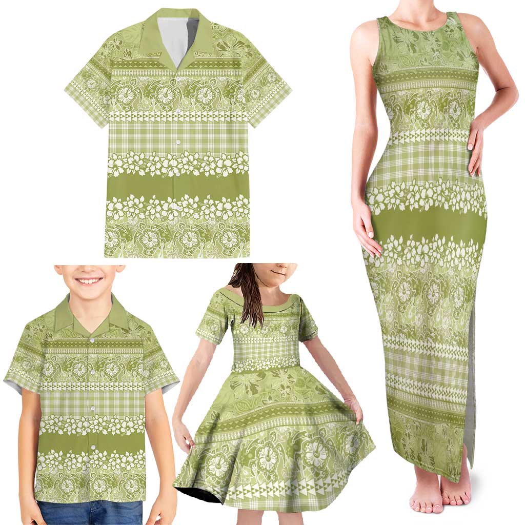 Hawaiian Hibiscus Honu Family Matching Tank Maxi Dress and Hawaiian Shirt Sage Green Mele Kalikimaka Palaka Spirit - Polynesian Pride