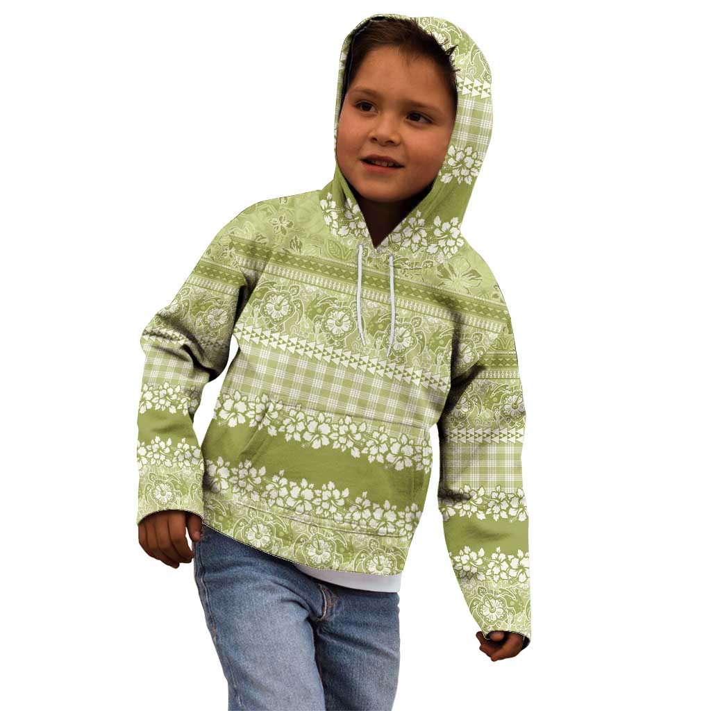 Hawaiian Hibiscus Honu Kid Hoodie Sage Green Mele Kalikimaka Palaka Spirit - Polynesian Pride