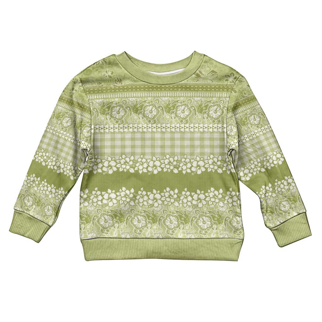 Hawaiian Hibiscus Honu Kid Ugly Christmas Sweater Sage Green Mele Kalikimaka Palaka Spirit - Polynesian Pride