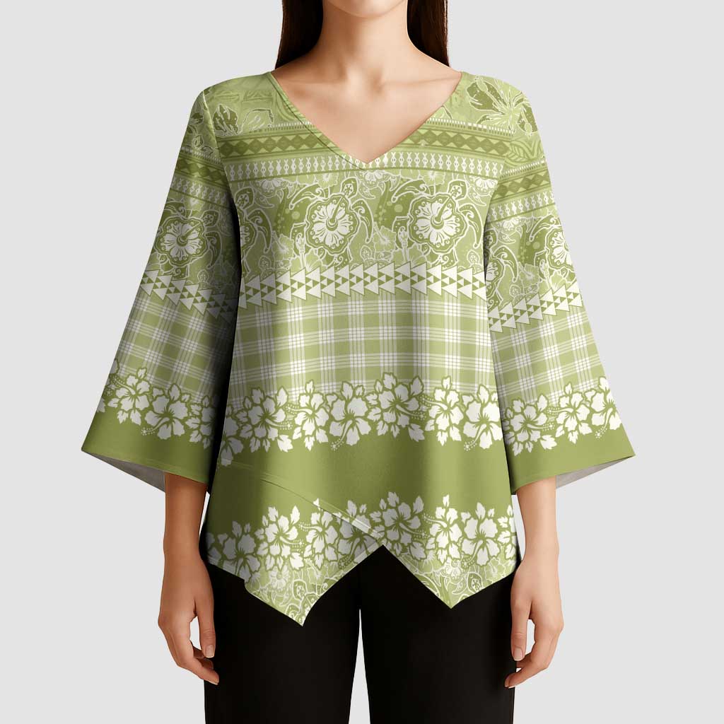 Hawaiian Hibiscus Honu Kimono Sleeve Blouse Sage Green Mele Kalikimaka Palaka Spirit - Polynesian Pride