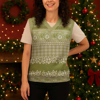 Hawaiian Hibiscus Honu Christmas Knitted V-Neck Vest Sage Green Mele Kalikimaka Palaka Spirit - Polynesian Pride