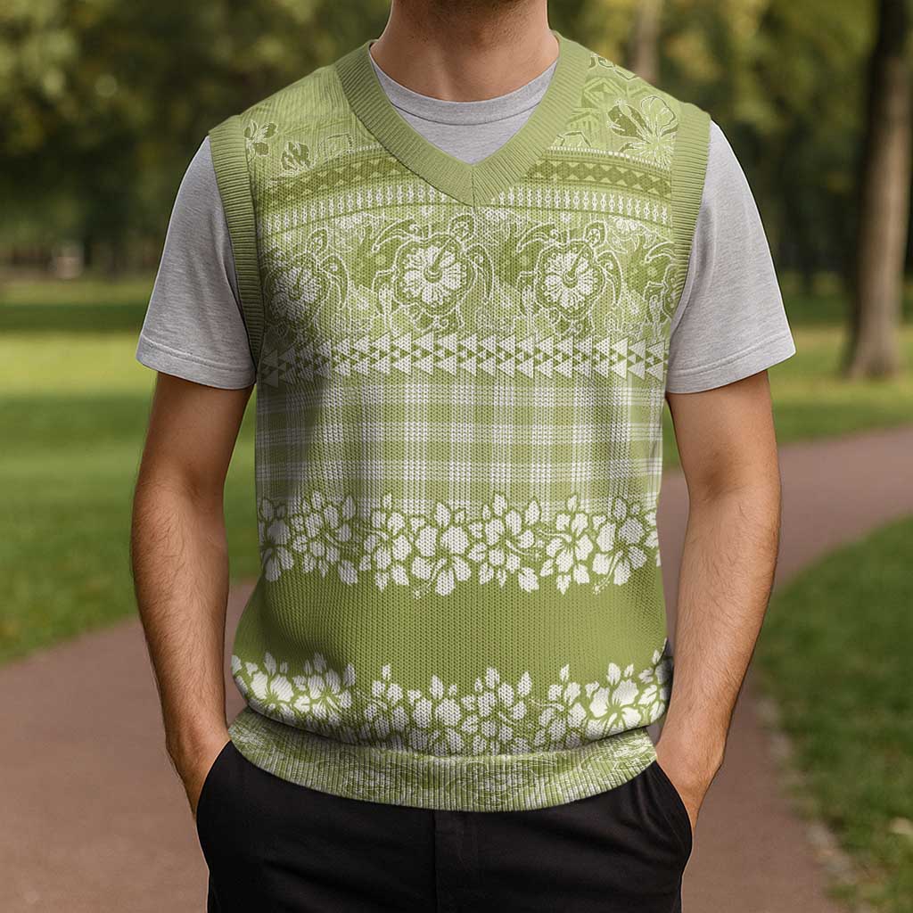 Hawaiian Hibiscus Honu Christmas Knitted V-Neck Vest Sage Green Mele Kalikimaka Palaka Spirit - Polynesian Pride