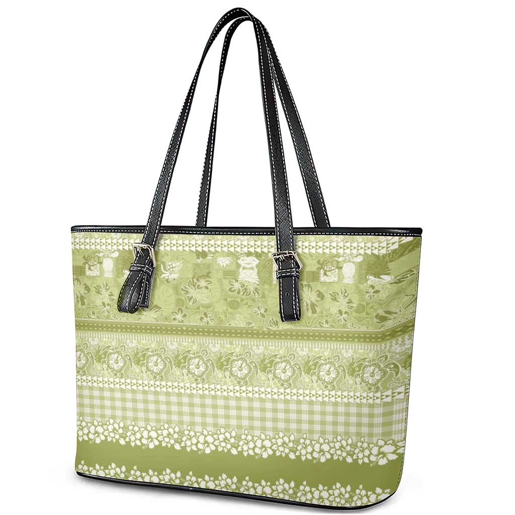 Hawaiian Hibiscus Honu Leather Tote Bag Sage Green Mele Kalikimaka Palaka Spirit - Polynesian Pride