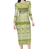 Hawaiian Hibiscus Honu Long Sleeve Bodycon Dress Sage Green Mele Kalikimaka Palaka Spirit - Polynesian Pride